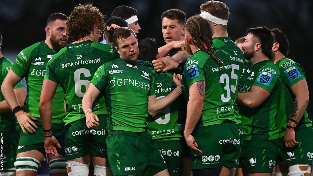 Connacht players clash with Cardiff during the United Rugby Championship match in Galway