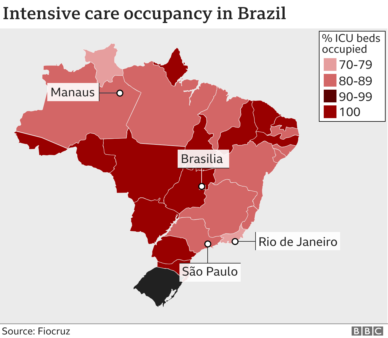 Map showing ICU occupancy across Brazil