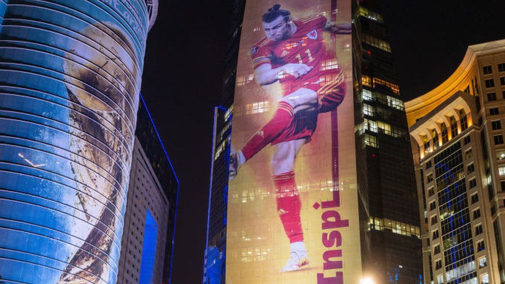 An image of Gareth Bale adorns a building in Doha