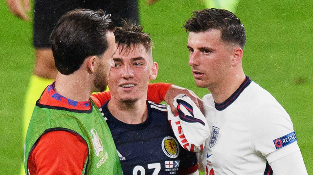 Mason Mount, Ben Chilwell and Billy Gilmour after the England v Scotland match