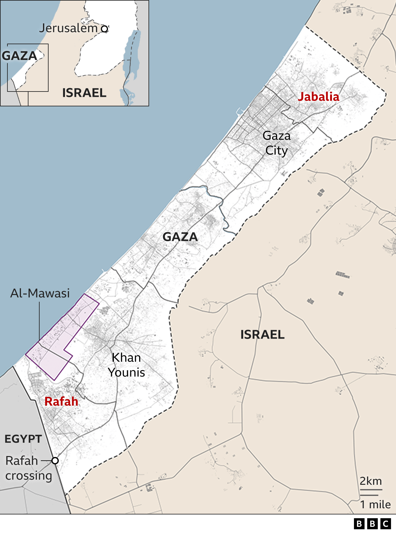 Map of Gaza showing Rafah, al-Mawasi and Jabalia