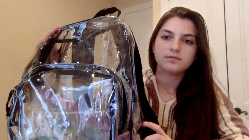 Rebecca with her clear backpack