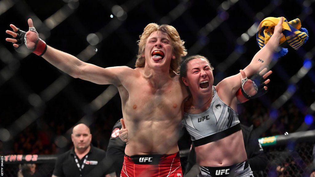 Paddy Pimblett and Molly McCann celebrate together inside the octagon at UFC London in March 2022