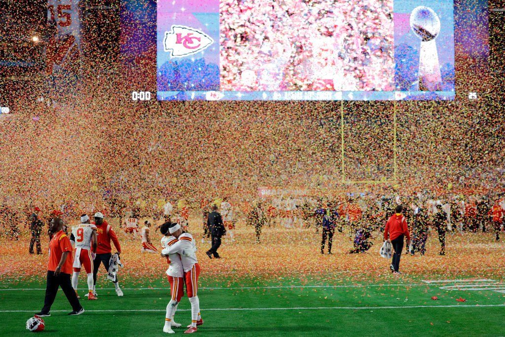 The Kansas City Chiefs celebrate after beating the Philadelphia Eagles in Super Bowl LVII at State Farm Stadium in Glendale, Arizona on February 12, 2023.
