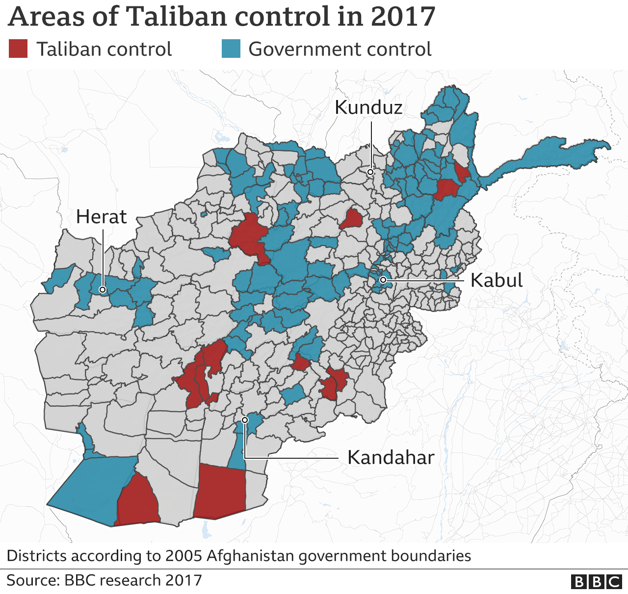Map showing areas of full Taliban or government control in 2017