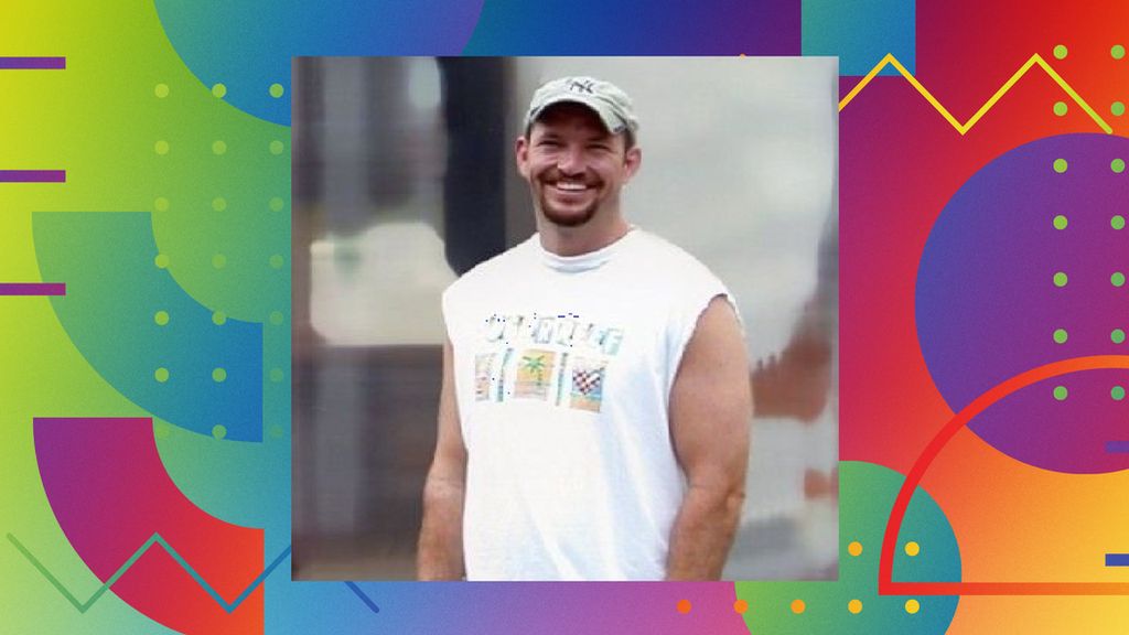 A photo of Mark Bingham on the BBC Sport LGBT+ History Month coloured, patterned background