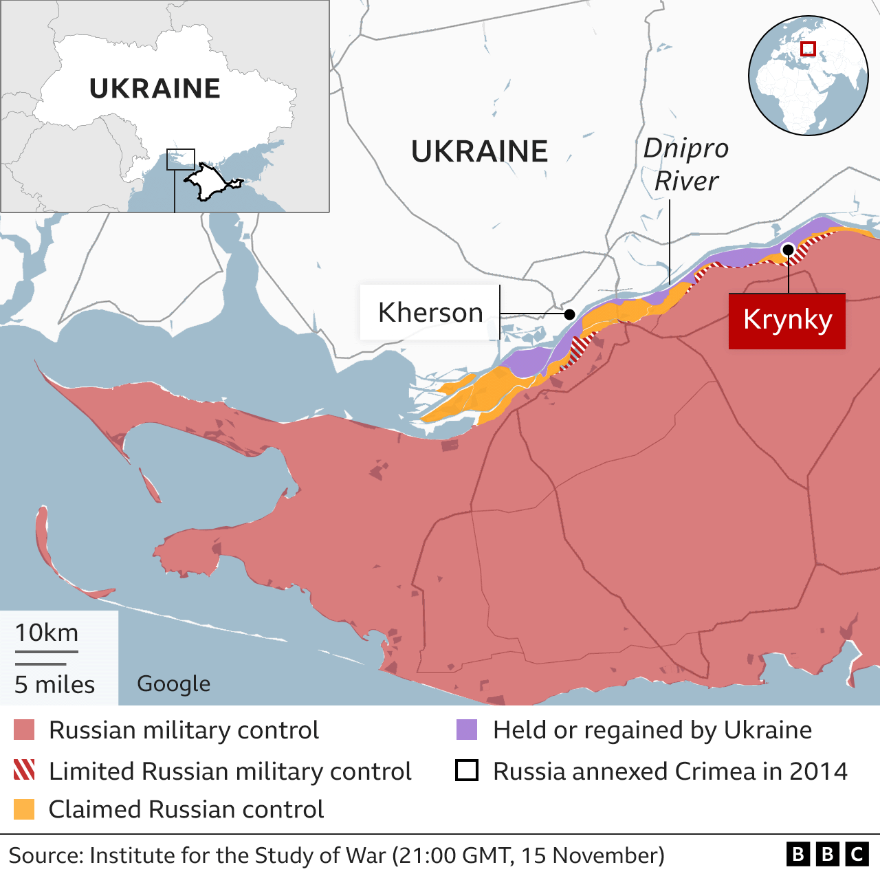 Map showing territorial control around Kherson and the village of Krynky