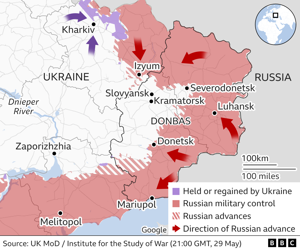 Map of the east of the country, updated 29 May