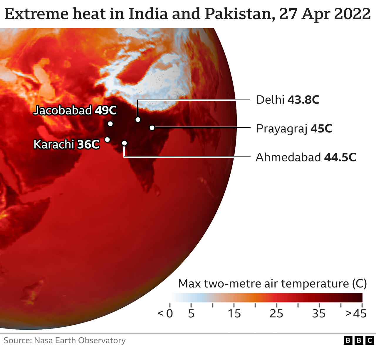 map showing extreme temperatures in India and Pakistan