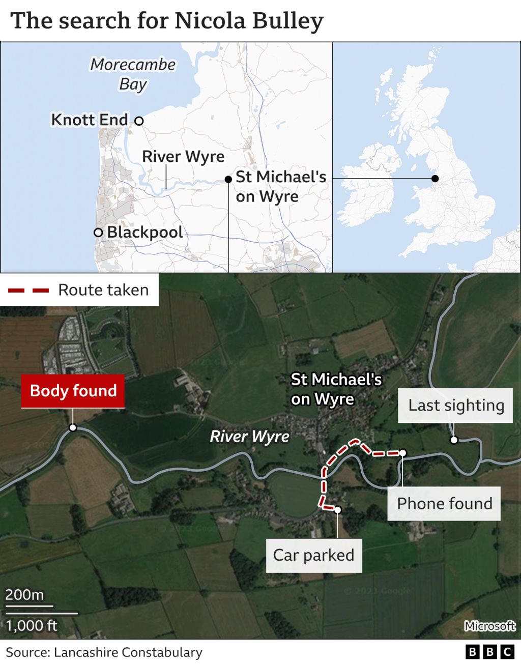 An aerial map showing key locations in the Nicola Bulley investigation