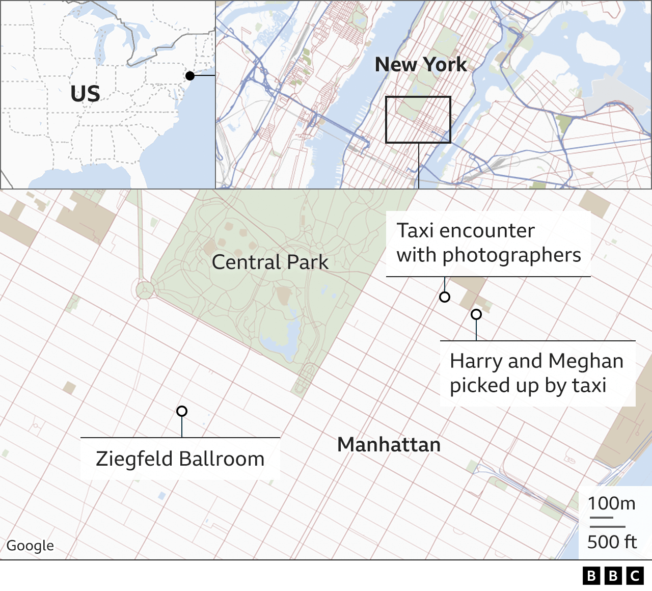 Map of Manhattan showing some key locations from the incident including Ziegfeld Ballroom, where Harry and Meghan got in the taxi and where the taxi was spotted by photographers