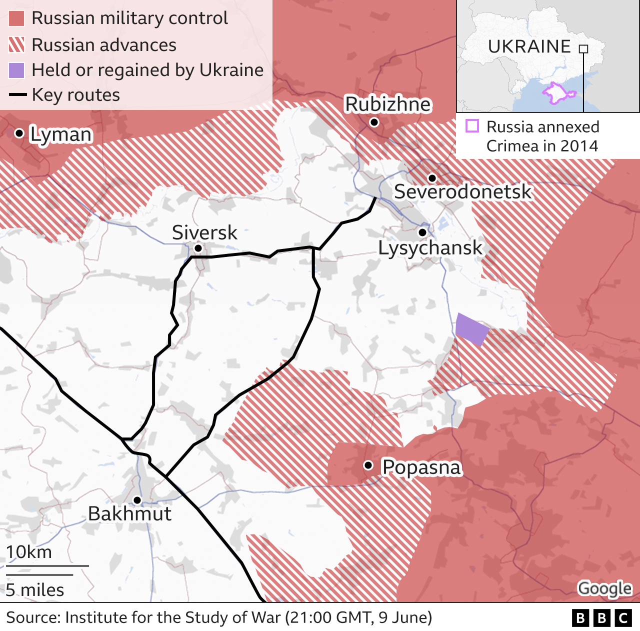Map showing area around Severodonetsk, updated 10 June