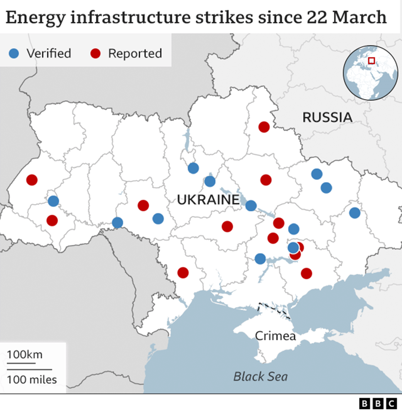 Map showing strikes on Ukrainian infrastructure