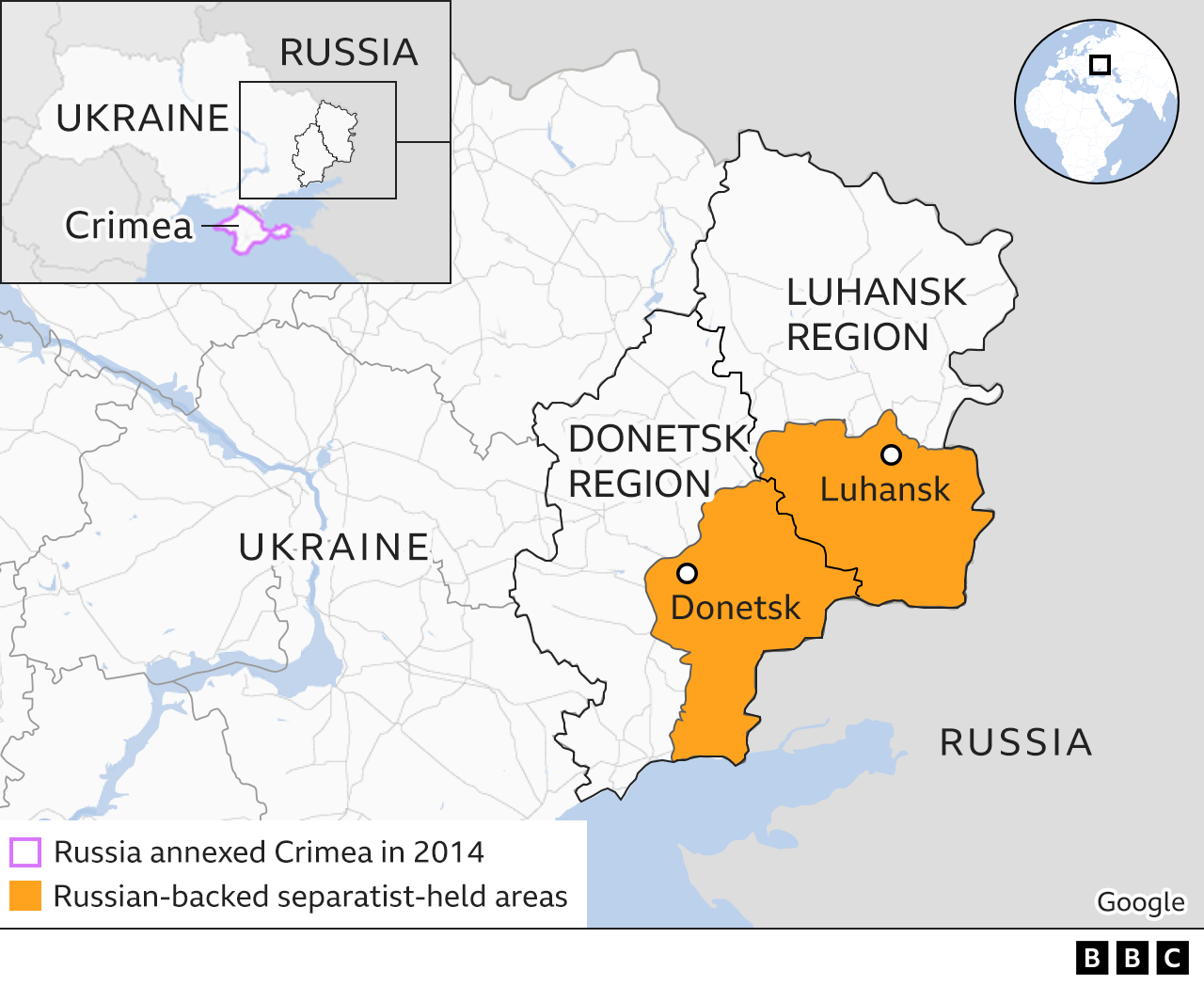 Карта, показывающая Донецкую и Луганскую области на востоке Украины и удерживаемые Россией сепаратистами районы в этих регионах.