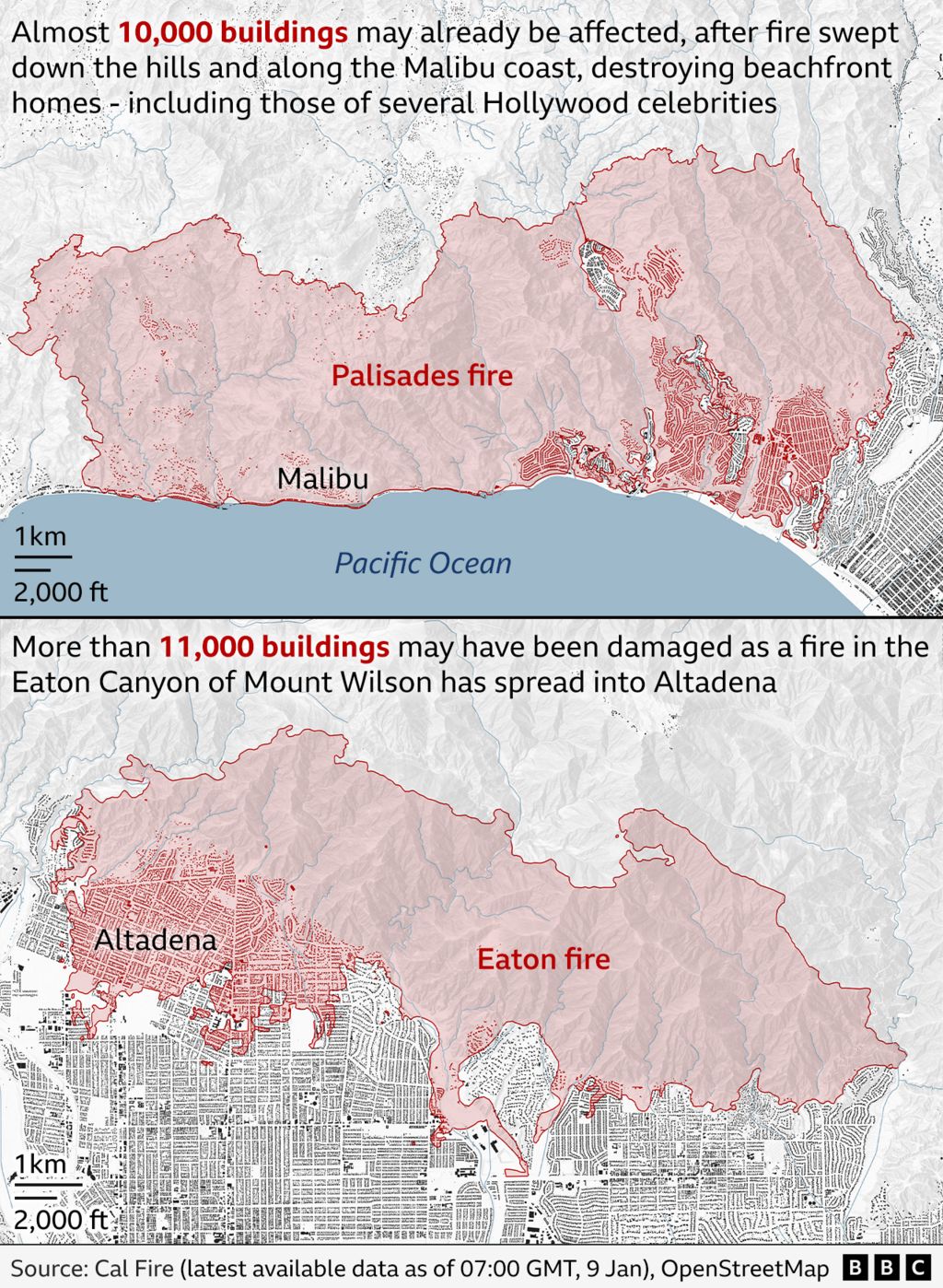 Two maps showing the extent of the Palisades and Eaton fires and the buildings already in the areas that have burnt - almost 10,000 in the Palisades fire, including Malibu beachfront homes, and more than 11,000 in the Eaton blaze.