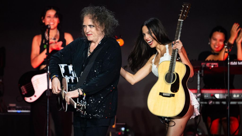 Olivia Rodrigo and Robert Smith on the Pyramid Stage at the Glastonbury Festival, June 2025