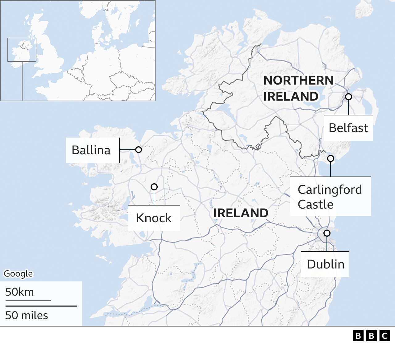 A map of Ireland showing the locations that Joe Biden is due to visit - they are Belfast, Dublin, Carlingford Castle, Ballina and Knock