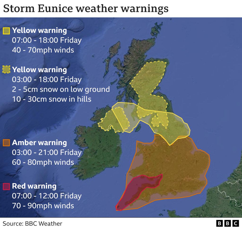 Map showing weather warnings for Storm Eunice