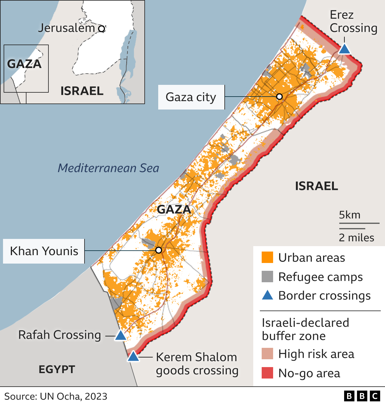 Map of the Gaza Strip, urban areas, refugee camps and border crossings