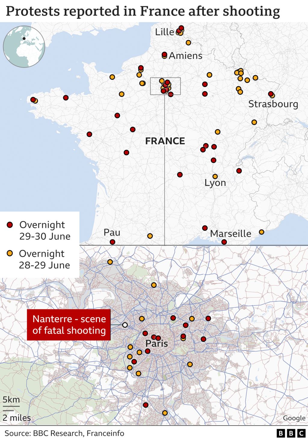 Karte, die zeigt, wo in ganz Frankreich Unruhen stattgefunden haben
