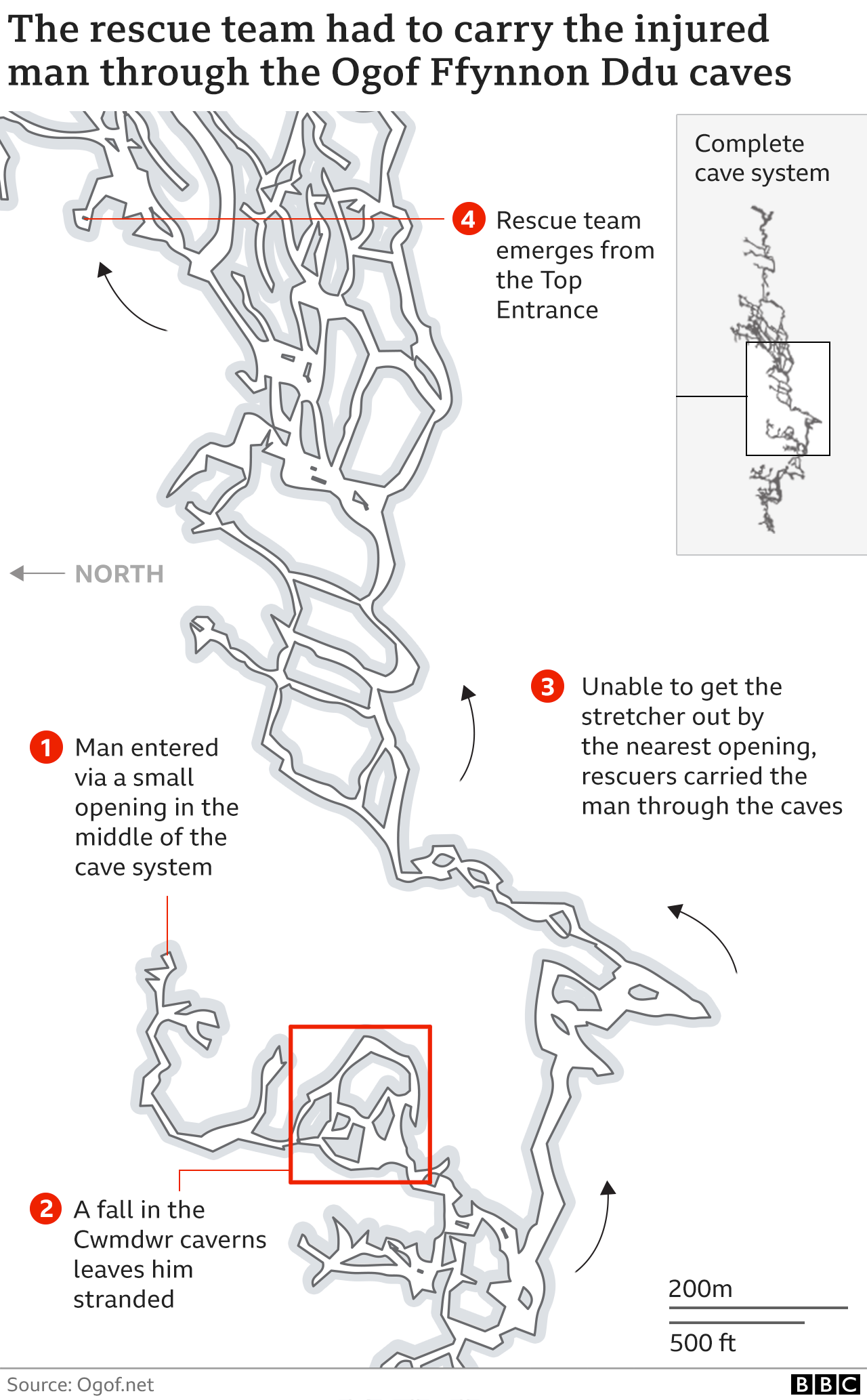 A map showing the Ogof Ffynnon Ddu cave system which rescuers navigated