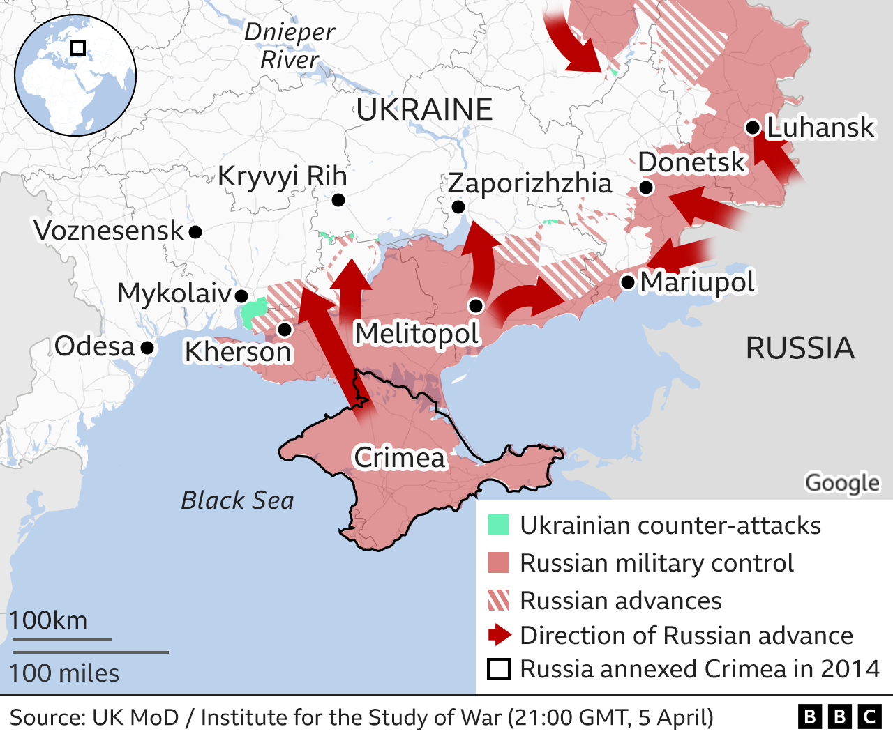Map showing the Russian military advance into Ukraine from the south