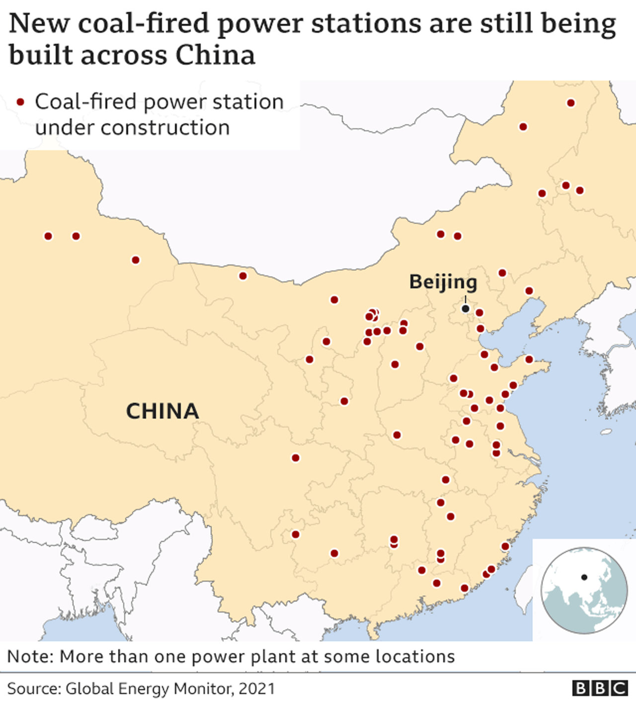 Map showing new coal-fired power stations being built across China