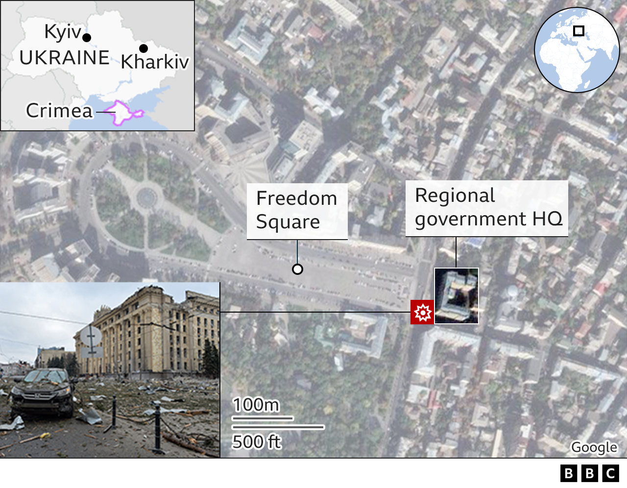 Map showing where the Kharkiv blast was