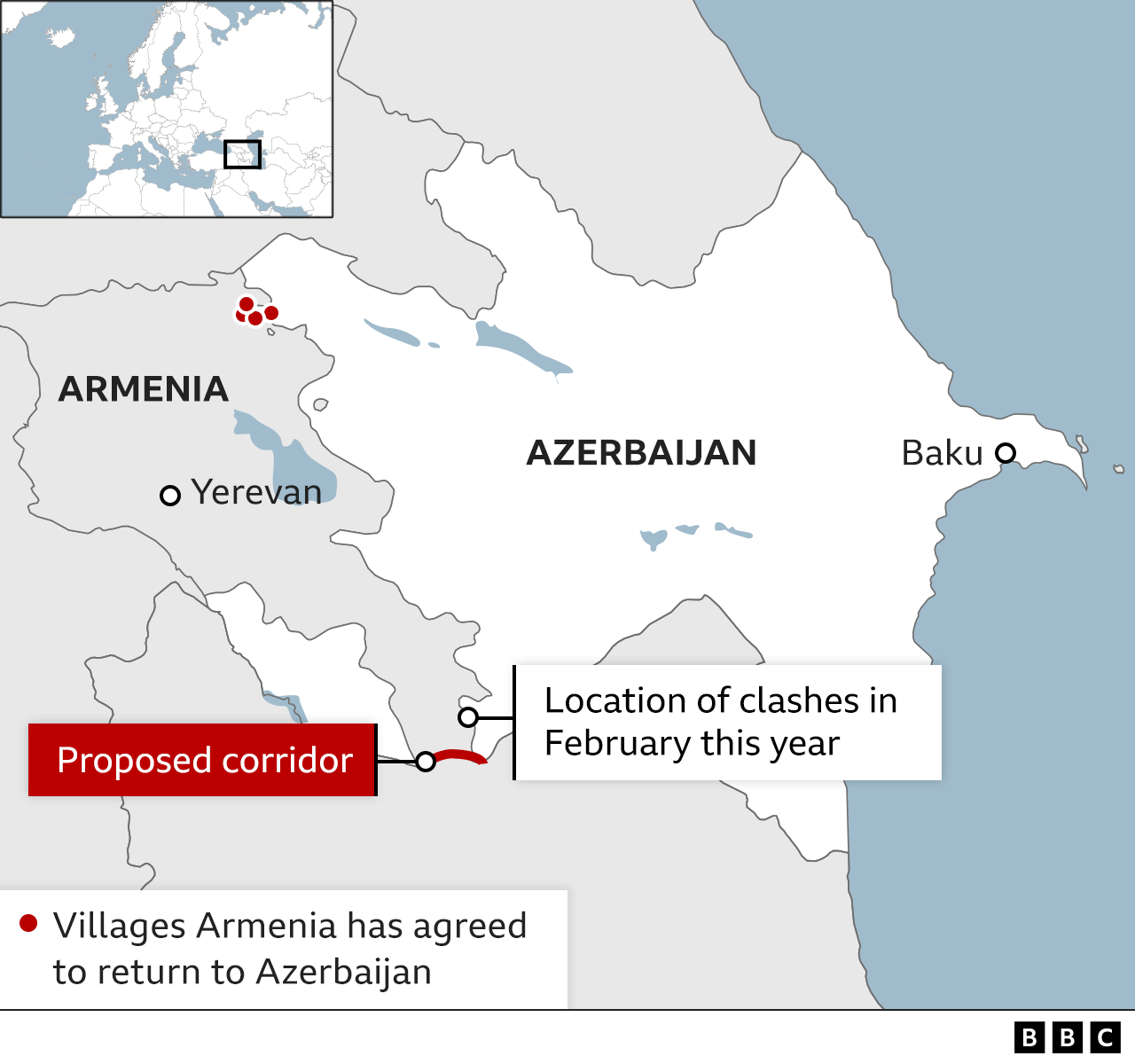 A map showing Armenia and Azerbaijan, highlighting the proposed corridor and the location of the clashes in February this year