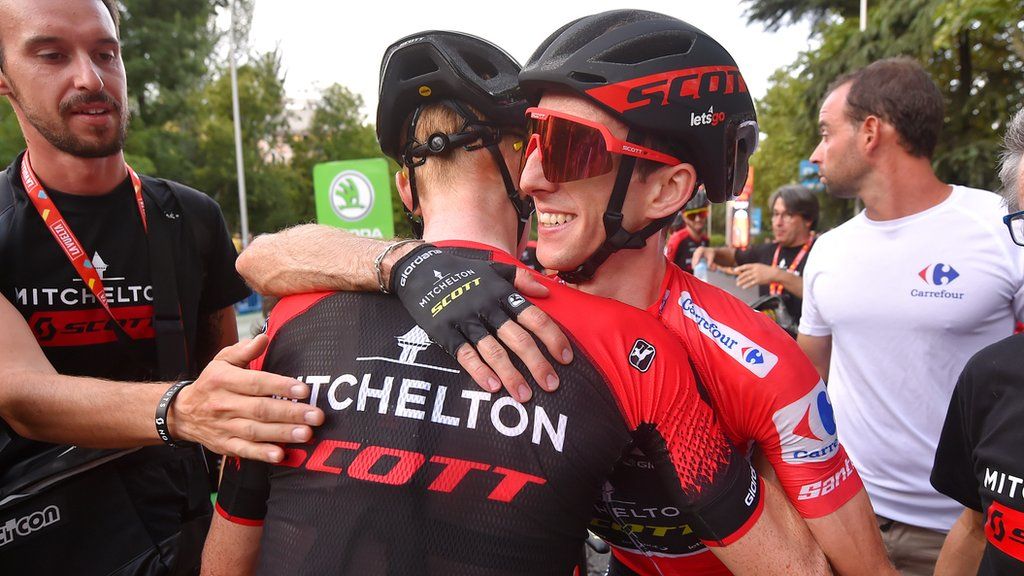 Simon Yates celebrates after his Vuelta a Espana win in Madrid