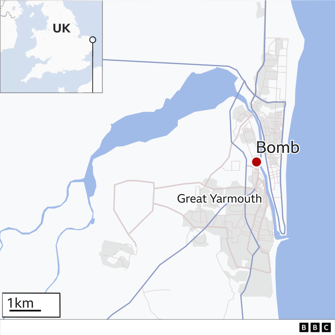 Map showing the location of the WW2 bomb in Great Yarmouth
