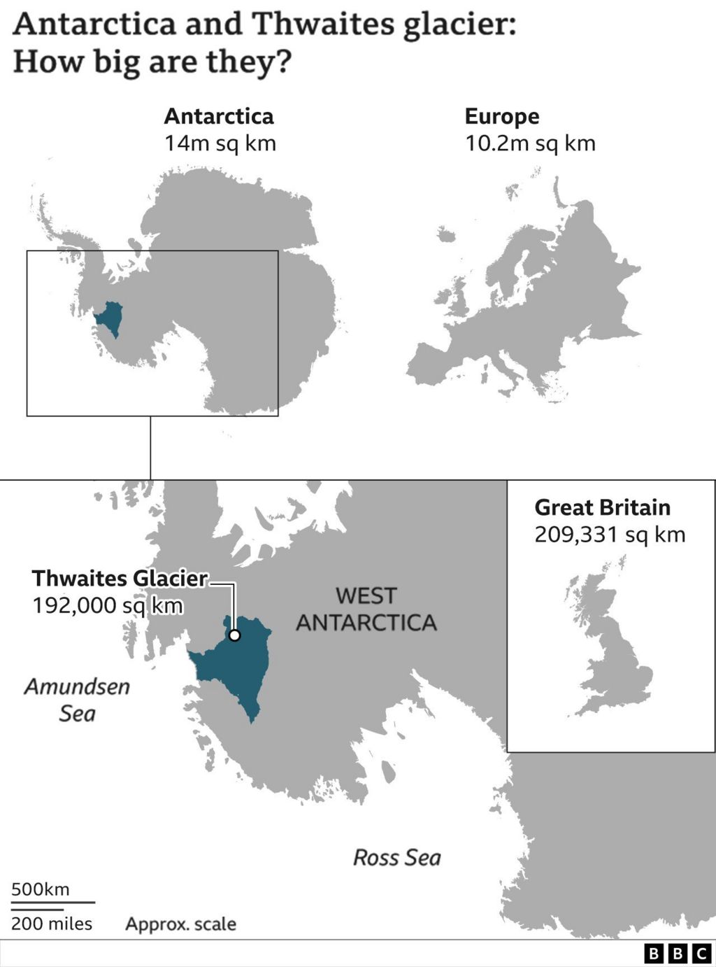 Mappa che mostra le dimensioni e la posizione del ghiacciaio Thwaites
