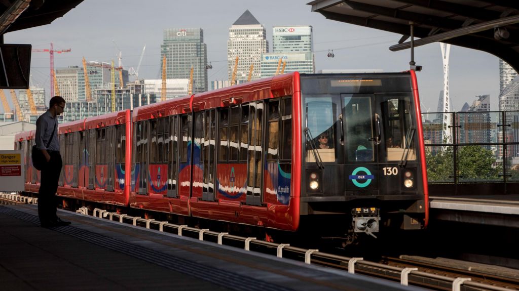 A DLR train pictured at a station in London.