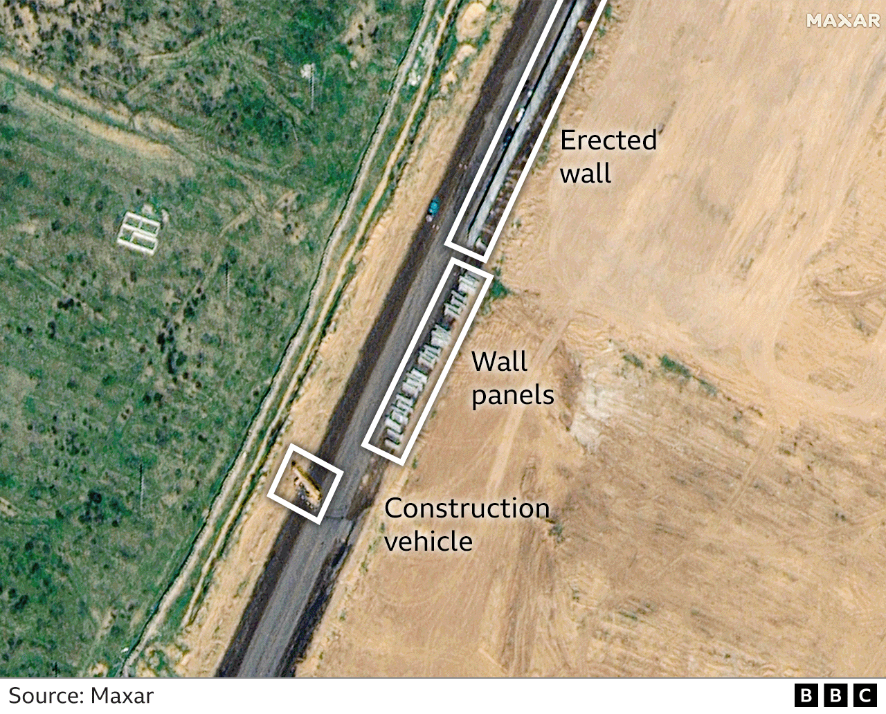 Erected wall and building materials for wall panels pictured alongside a construction vehicle on Egypt's side of the border with Gaza on 15 February