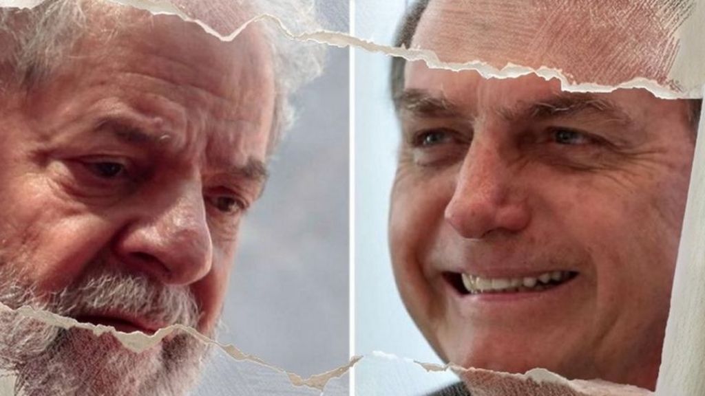 Montagem com a foto de Lula à esquerda e de Bolsonaro à direita