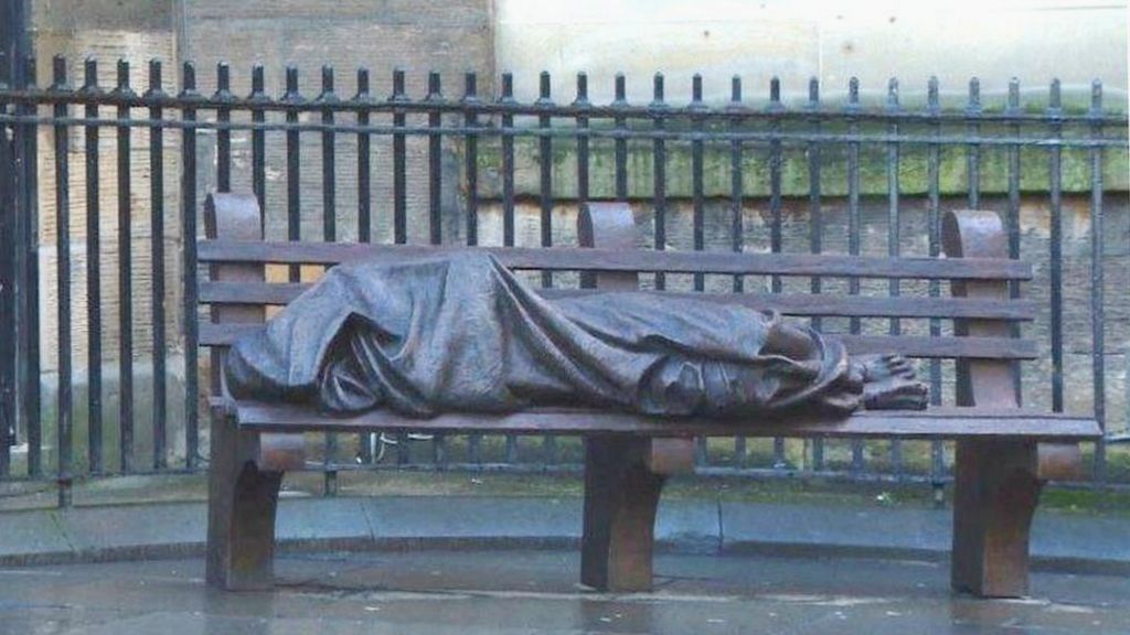 Homeless Jesus Statue Installed In Glasgow City Centre Bbc News