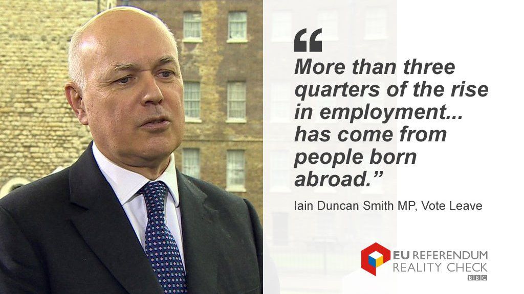 Iain Duncan Smith saying: More than three quarters of the rise in employment over the last year has come from people born abroad