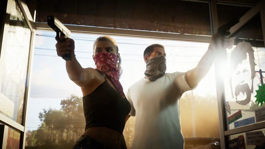 Two Grand Theft Auto VI characters holding guns