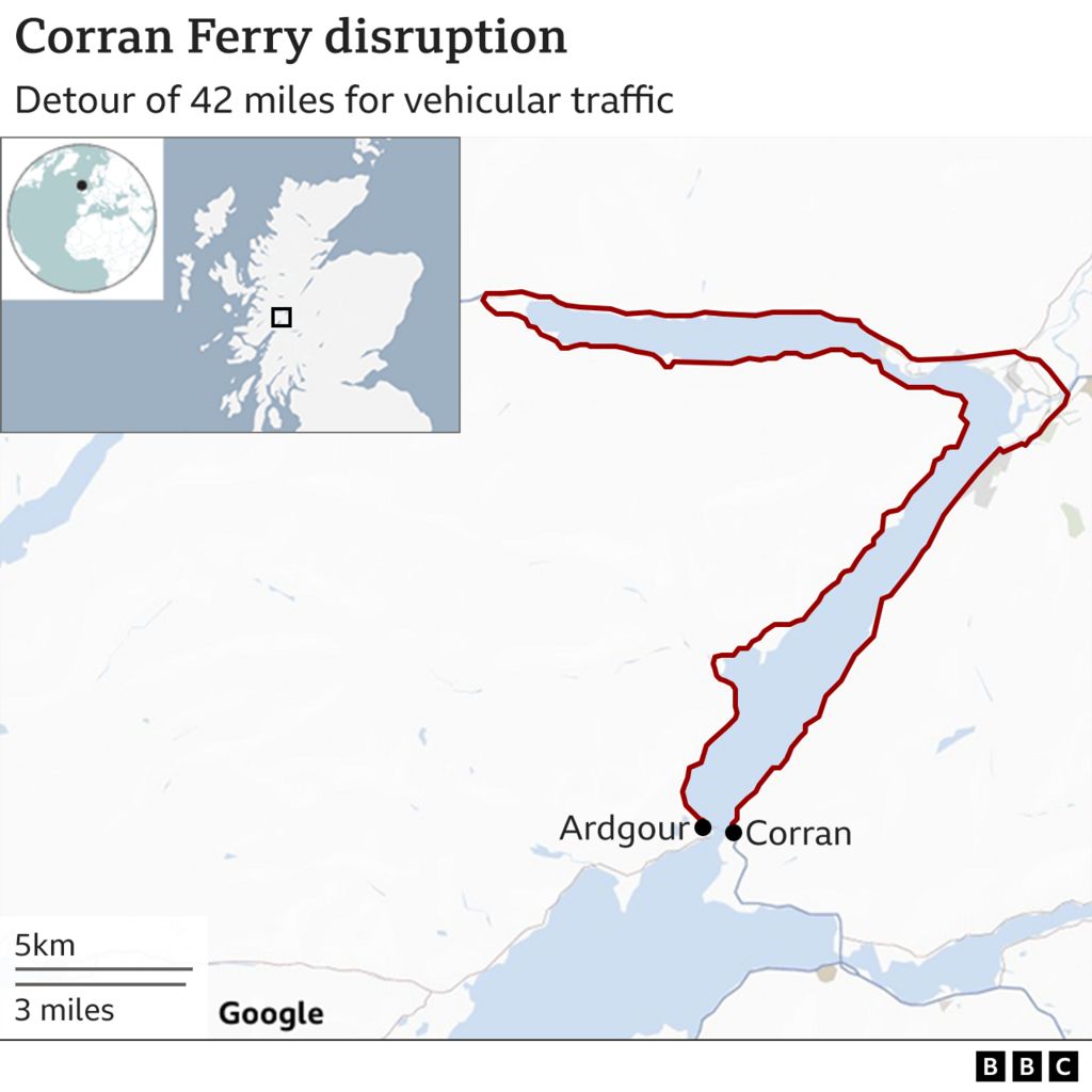 Corran Ferry diversion route map