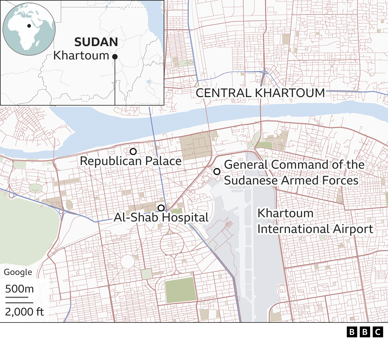 Map of key sites in Khartoum