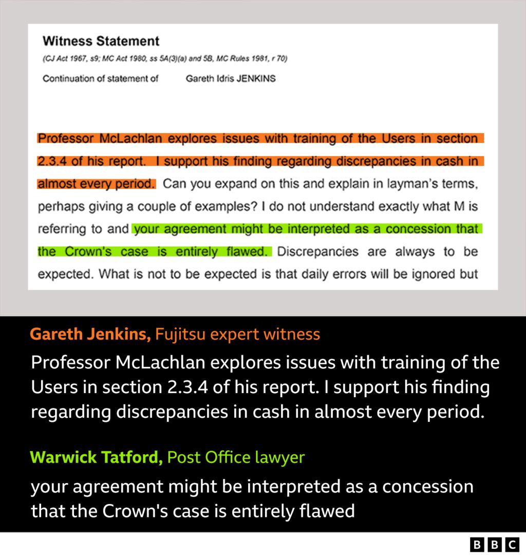Gareth Jenkins, Fijitsu expert witness: "Professor McLachlan explores issues with training of the Users in section 2.3.4 of his report. I support his finding regarding discrepancies in cash in almost every period." Warwick Tatford, Post Office lawyer: "your agreement might be interpreted as a concession that the Crown's case is entirely flawed"
