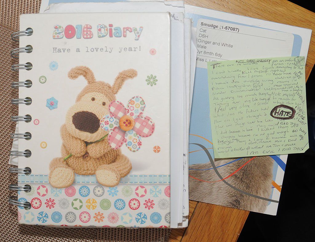Letby's 2016 diary sits beside some paperwork relating to one of her cats and a post-it note covered in Letby's handwriting.