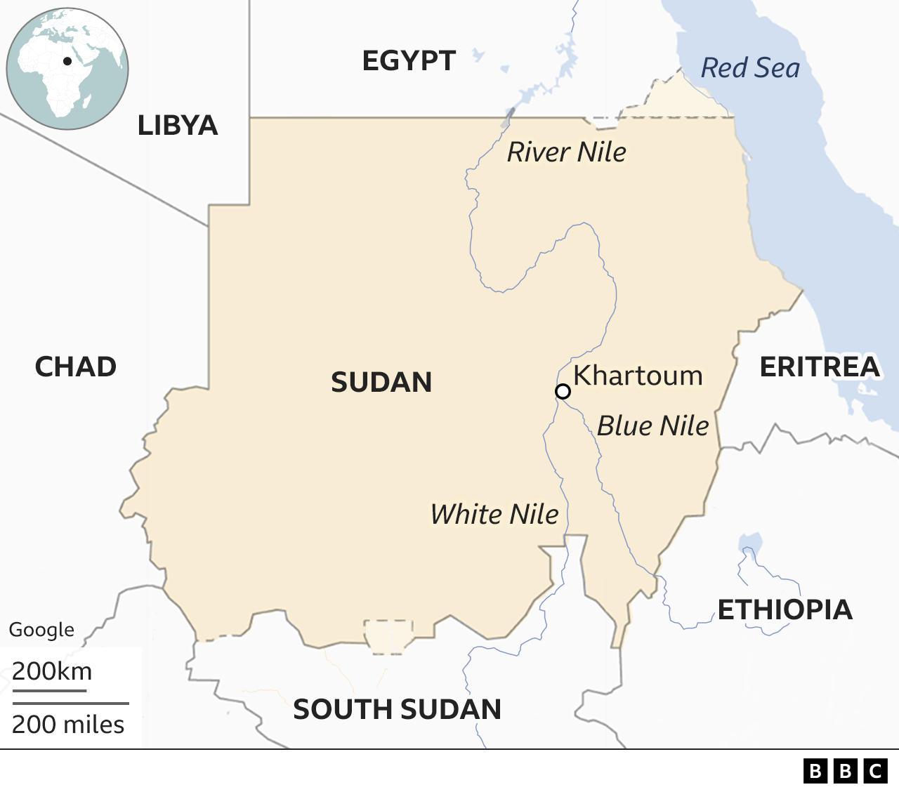 Map of Sudan, also showing River Nile and neighbouring countries