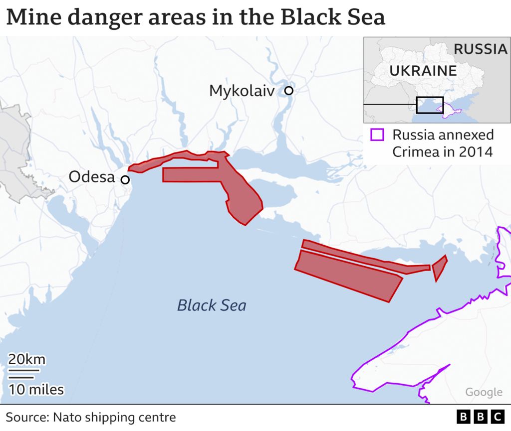 Map showing mine zones in the Black Sea, off Ukraine's coast