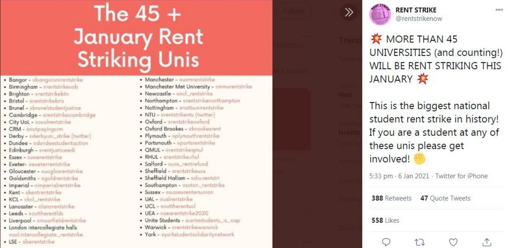 Tweet from Rent Strike Now showing list of universities where there are campaigns