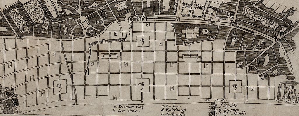 План Роберта Гука (приписываемый) по восстановлению Лондона после Великого пожара 1666 года (фрагмент)