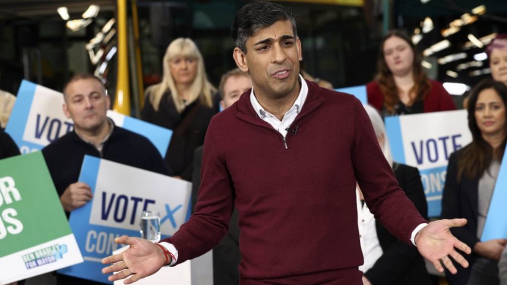 Prime Minister Rishi Sunak during a local elections campaign launch at a bus depot in Heanor, Derbyshire.