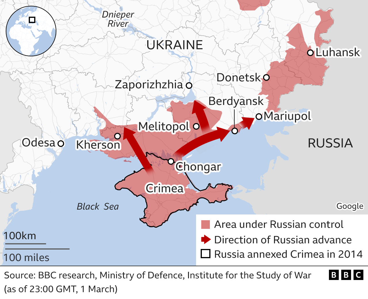 Map showing the Russian military advance into Ukraine from the south
