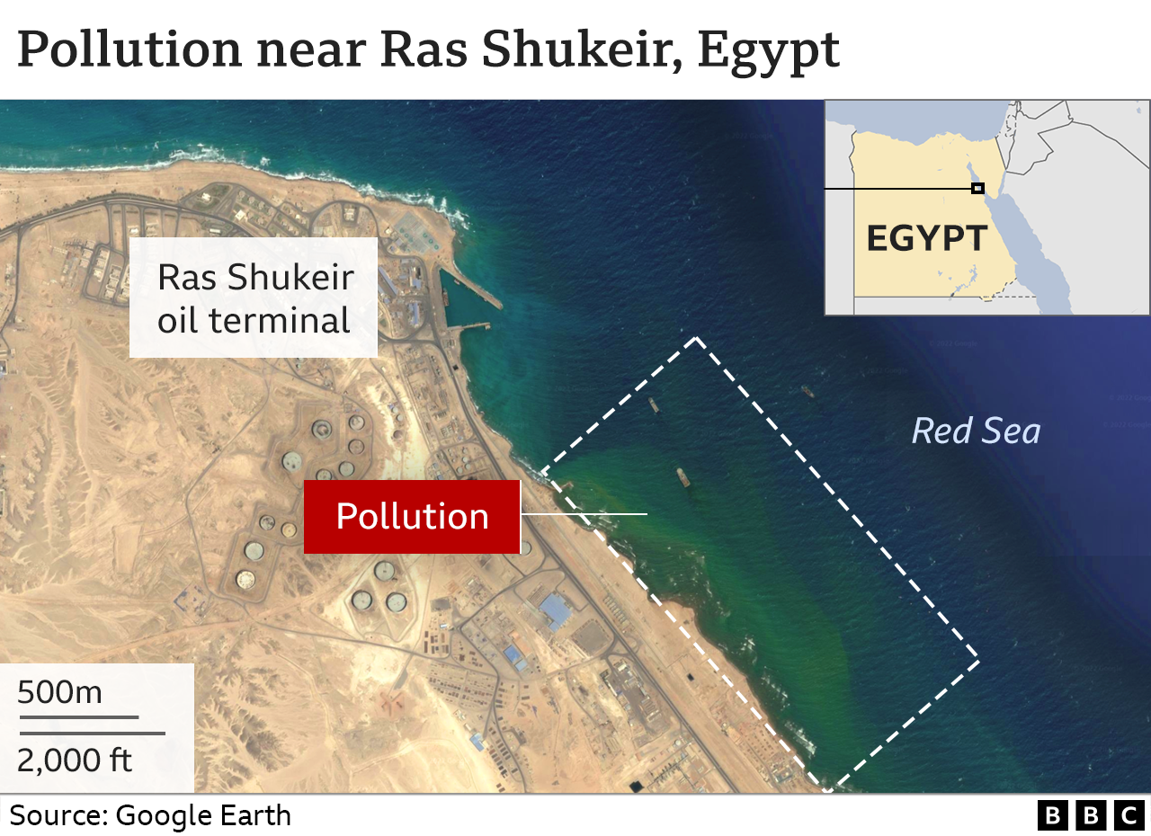 Google Earth view of the green plume of pollution off the Ras Shukeir oil terminal on the Red Sea