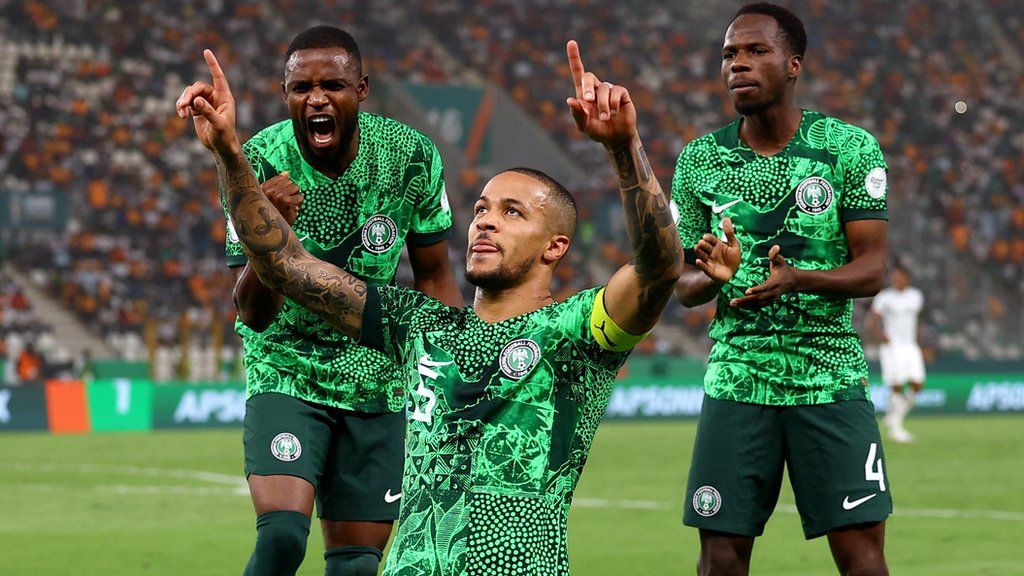 William Troost-Ekong celebrates scoring a penalty for Nigeria against South Africa